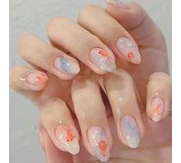 GlamRays Goldfisch Uñas Postizas Cortas con Diseño de Gotas de Agua 3D Sin Esmalte de Verano Azul Degradado Brillo 24 Piezas Completas
