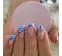 GlamRays - Juego de 24 uñas postizas a presión, cuadradas, azules para niñas, madres y mujeres