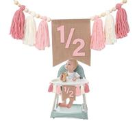 GlamRays Rosa 1/2 cumpleaños Banner para Silla Alta - Decoraciones para Fiesta de Medio cumpleaños de niña con borlas Rosas y Cuentas de Madera