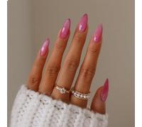 GlamRays Rosa Presionar en Uñas Almendra de Longitud Media Ojo de Gato Uñas Falsas Acrílico Uñas Adhesivas Con Plata Brillante Diseños Cobertura Completa Uñas Falsas Presión en 24 Piezas