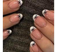 GlamRays Uñas Postizas de San Valentín Almendra Corta CON Uñas Falsas Francesas Blancas Nude Negras Falsas con Diseño de Lazos Negros Uñas Acrílicas de Primavera Conjuntos Completos Uñas Adhesivas