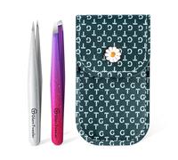 GlamTweeler - Juego de pinzas de punta inclinada y puntiaguda con exclusiva funda de cuero, juego de pinzas afiladas y de precisión para cejas, vello facial y eliminación de vello fino (vello profundo