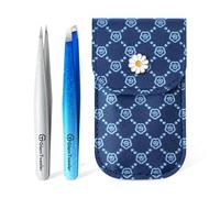 GlamTweeler - Juego de pinzas de punta inclinada y puntiaguda con exclusiva funda de cuero, juego de pinzas afiladas y de precisión para cejas, vello facial y eliminación de vello fino (azul real