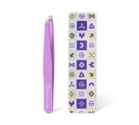 GlamTweeler - Pinzas de punta inclinada con funda de cuero, pinzas afiladas y de precisión de acero inoxidable para cejas, vello facial y depilación fina (violeta)