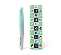 GlamTweeler - Pinzas de punta inclinada con funda de cuero, pinzas afiladas y de precisión de acero inoxidable para cejas, vello facial y depilación fina (verde menta brillante y plateado)