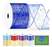 Glarks 1 rollo de 6,3 cm x 9,15 m, color azul, cinta de organza con alambre de purpurina, cinta de organza con borde metálico para decoración de árbol de Navidad, paquete de regalo