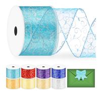 Glarks 1 rollo de 6,3 cm x 9,15 m, color azul claro con purpurina, cinta de organza con alambre de purpurina, cinta de organza con borde metálico para decoración de árbol de Navidad, paquete de regalo