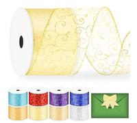 Glarks 1 rollo de 6,3 cm x 9,15 m, de organza con purpurina, con alambre de purpurina, cinta de organza con borde metálico para decoración de árbol de Navidad, paquete de regalo