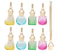 Glarks 12 frascos de perfume de 6/8/10 ml, forma oblata/cuadrada/corazón/diamante en forma de cristal transparente para colgar ambientador de coche con tapas de madera y cuerda para colgar, para