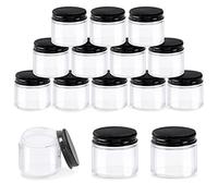 Glarks 15 paquete 2 oz / 60 ml frascos de vidrio con tapas, frascos redondos de vidrio transparente con forro interior y tapas negras para almacenar cremas, productos de belleza