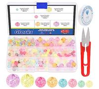 Glarks Cuentas de cristal Craquelé con hilo elástico y juego de tijeras, 6 mm, 8 mm, 10 mm, 12 mm, cuentas de cristal acrílico de colores, cuentas redondas sueltas para pulseras, collares, perlas