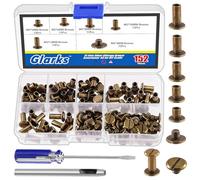 Glarks Juego de 150 tornillos Chicago de bronce, M5 x 5 mm, 6 mm, 8 mm, 10 mm, 12 mm Chicago remaches y tornillo de cabeza plana de 4 x 4 mm, remaches de clavo, accesorios de metal