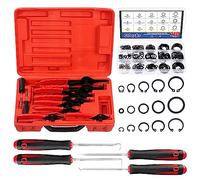 Glarks Juego de 225 alicates de anillo a presión resistentes, alicates de mandíbula recta y doblada y anillos de clip de retención internos externos y juntas tóricas de goma métricas con ganchos de