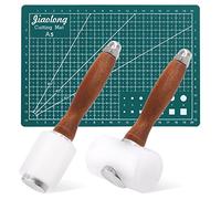 Glarks Juego de 3 martillos de tallado de cuero con alfombrilla de corte, 2 martillos de mango de madera de nailon y 1 alfombrilla de corte de costura A5 para sellar herramientas de cuero vacuno