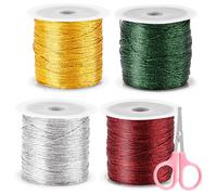 Glarks Juego de 5 cuerdas de 4 rollos de 50 m/55 m, rojo, dorado oscuro, plata, verde negro, hilo metálico no elástico, con 1 par de tijeras rosas, cuerda metálica