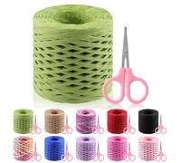 Glarks Juego de cinta de papel de rafia verde de 200 m con tijeras, cuerda de rafia natural para envolver regalos, embalaje, suministros de manualidades