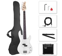 GLARRY - Bajo eléctrico de tamaño completo con amplificador de 20 W, kit de inicio de 4 cuerdas para principiantes con accesorios incluyendo cable, correa, bolsa para niños y adultos (blanco)