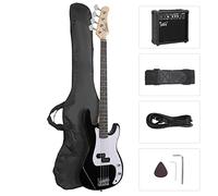GLARRY Kit de bajo eléctrico de tamaño completo para principiantes, 4 cuerdas con amplificador, cable, correa, bolsa y accesorios (negro)