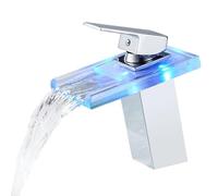 Glasarmatur strahlt Licht aus, ändert die Farbe, Wasserkraft, schwarzer Wasserfall-Beckenhahn (B)