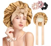 GlasFlength Gorro de Seda para Dormir, Gorro de Dormir Suave Ajustable Gorro de Satén con Banda Ancha Elástica Transpirable Gorro Saten Doble Capa Gorro Pelo Rizado para Mujeres Niñas(Caqui)