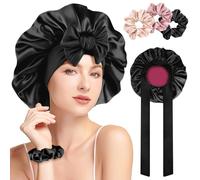 GlasFlength Gorro de Seda para Dormir, Gorro de Dormir Suave Ajustable Gorro de Satén con Banda Ancha Elástica Transpirable Gorro Saten Doble Capa Gorro Pelo Rizado Dormir para Mujeres Niñas(Negro)