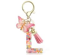 GlasFlength Llavero con Letra Inicial de Mariposa, Lindo Llavero con Colgante de Borla de Mariposa Llavero Personalizados de Resina para Mochila y Cartera Escolare para Mujeres y Niñas (Rosa, L)