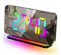 GlasFlength Reloj Despertador Digital, 7'' LED Reloj Digital Sobremesa 5 Brillo Espejo Reloj Mesita de Noche con 11 Luces RGB 5 Volume Snooze Alarm Clock 2 Puerto de Carga USB,12/24H