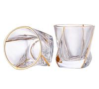GLASKEY Juego de 2 Copas de Cristal para Whisky con Borde de Oro 24K,Copas de Bar,Vaso de whisky Twisted Colección Gold para Bourbon,Whisky Escocés y Vino,Regalo para Hombre - 8oz