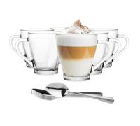 Glasmark KROSNO 1992 Juego De 6 Tazas De Café Con Asa 200 ml Vidrio Transparente Vasos de Capuchino Latte Macchiato Té Resistente Al Calor Con Cucharillas