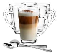 Glasmark KROSNO 1992 Juego De 6 Tazas De Café Con Asa 300 ml Vasos de Capuchino Latte Macchiato Té Vidrio Transparente Resistente Al Calor Con Cucharillas