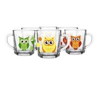 Glasmark KROSNO 1992 Set De 6 Tazas Para Niños Con Motivo De Búho Capacidad De 220 ml Taza De Leche Agua Jugo Con Asa Verde x 2 Amarillo x 2 Naranja x 2