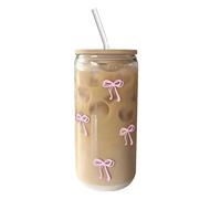 Glass Coffee Cups with Lids and Straw - Glass 500ml 7.5x15.1cm | Cute Bow Tumbler with Clear Construction, Cold Beverage Serving, Daily Hydration | 500ml Iced Coffee Home Kitchen, Teen Girls Gift