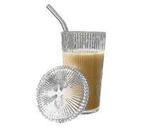 Glass Cups with Lids And Straws, 375ml Ribbed Vertical Striped Glass Coffee Mug, Glass Tumbler for Cocktail, Whiskey, Beer, Water