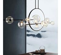 Glass Globe Chandelier Black for Dining Bar Counter Linear Adjustable Ring LED Pendant Lamp Living Room Ceiling Hanging Light Fixture(3000K,10-Light)