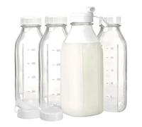 Glass Milk Storage Bottle with Lid, Airtight Glass Juice Bottle with Pour Spout, Leakproof Clear Drinking Cups for Fridge Water Milk Juice Honey Sauce, 4 Pack