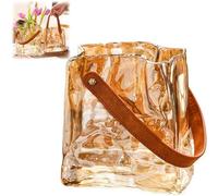 Glass Purse Vase for Flowers,Clear Handbag Shaped Vase with Leather Handle,Unique Fish Bowl Small Bag Vases,Cute Room Desktop Decoration Gift for Centerpieces,Home,Office,Garden Wedding (Amber, Medim)