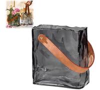 Glass Purse Vase for Flowers,Clear Handbag Shaped Vase with Leather Handle,Unique Fish Bowl Small Bag Vases,Cute Room Desktop Decoration Gift for Centerpieces,Home,Office,Garden Wedding (Gray, Medim)