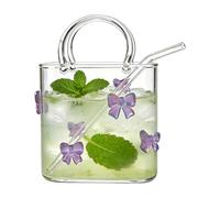 Glass Purse Vase With Straw - Glass 720ml | Reusable Handbag Cup With Straw For Juice | Creative Purse-Shaped Vase For Flowers And Small Fish Tank Home Decor Gift Giving
