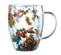 Glass Tea Cups - Clear/Pink, Ergonomic Handle Glass Mugs, Double-Layer Heat Insulation Coffee Cup, Dried Flowers Embedded Design, Borosilicate Glasses, 350ml Capacity | Birthday, New Year, Christmas,