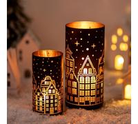 Glasseam Farol De Casa De Navidad DecoracióN NavideñA: 2 Faroles De Cristal Negro Dorado, Portavelas para DecoracióN De Mesa, Candelabro De Cristal para Casa De Navidad, Velas De Pilar para Regalo