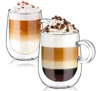 glastal 350ml*2 Tazas de Café de Cristal, Vasos de Doble Pared Transparente con Asa, Tazas de Vidrio Borosilicato para Café Leche Té Latte Macchiato y Más
