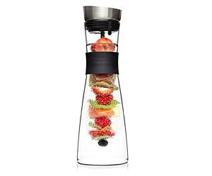 GLASWERK Jarra Agua Cristal (1L), Brocheta de Fruta con Tapón Extraíble, Tapa de Acero Inoxidable, Jarra de Agua de Vidrio Borosilicato, Asa Silicona, Apta lavavajillas, Libre de BPA