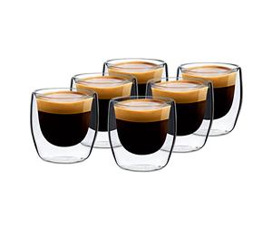 GLASWERK Juego de Tazas de Espresso de Diseño (6 x 80ml) - Vasos de Espresso de Doble Pared de 80ml - Vasos de Doble Pared de Vidrio de Borosilicato - Juego de Vasos de Espresso