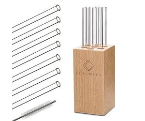 GLASWERK Salizzada - Pajitas Reutilizables de Vidrio, Elegante Soporte de Madera de Haya, Libres de BPA, Extremos Redondeados, Limpia Pajitas Incluido, Aptas Lavavajillas, 7 Pajitas de 15 cm largo