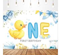 Glawry Telón de fondo de primer cumpleaños de pato de goma para fotografía, 7 pulgadas de ancho x 5 pulgadas de alto, un cumpleaños amarillo y azul, animal de dibujos animados, lindo para niños,