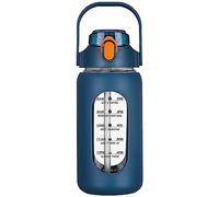 Glayent de agua de vidrio de 64 onzas con pajita, botella de cristal con de silicona y marcador de tiempo, para gimnasio, oficina en casa, azul marino