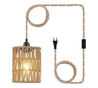 Glayent Lámpara Colgante con Enchufe, Lámpara Colgante con Cable, Lámpara de Techo de Ratán, Lámpara Cilíndrica con Pantalla y Interruptor, Enchufe Europeo.