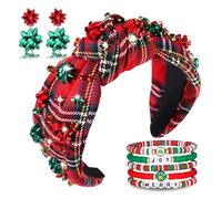 GLBCC Diadema de Navidad a cuadros para mujer, diadema anudada con lazo de Navidad, aretes de lazo de Navidad, pulseras elásticas Heishi, accesorio para el cabello
