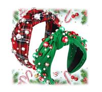 GLBCC Diadema de Navidad para mujer, diadema anudada a cuadros de Navidad con diamantes de imitación de perlas, diadema festiva de Navidad, diademas de nudo superior para fiestas de vacaciones