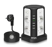 GLCON Regleta con protección contra sobretensiones, 8 enchufes con 4 interruptores, Enchufe múltiple con 5 USB (5 V/5 A) 2500 W para teléfono, PC, portátil, Smart TV, regleta con Cable de 3 m